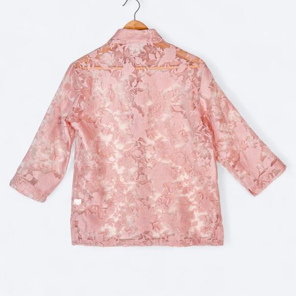 Pale Pink Sheer Floral Mother of Pearl‎ Shell Button Blouse Women's M 3/4 Sleeve - Picture 2 of 7